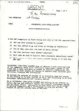 Copy of fax letter from Hilton Smith to All Representative at CODESA re: Successful Life-Style Ac...