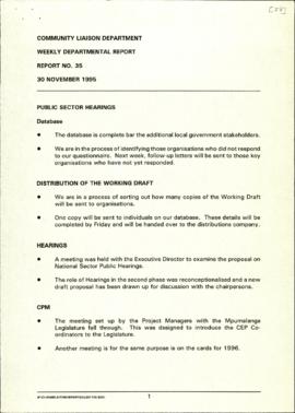 Community Liaison Department: Weekly Department Report; Report.35