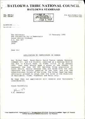 Batlokwa Tribal Authority (attached is a letter from Minister de Villiers to Mr Tsotesi regarding...