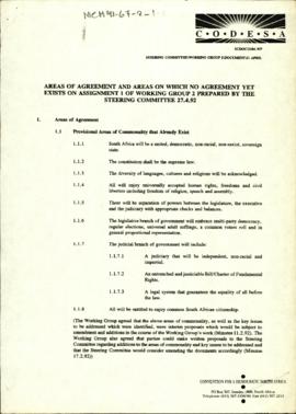 Areas of Agreement and Areas On Which No Agreement Yet Exists On Assignment 1 of Working Group 2 ...