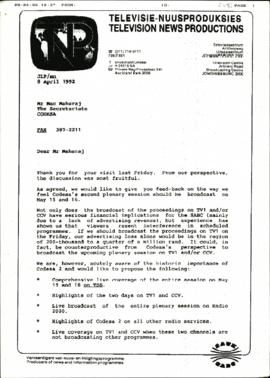 Copy of letter from JL Pretorius of Television News Production to Mac Maharaj re: How CODESA’s se...