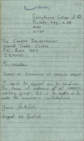 Letter from Mr Boshielo from Sekhukhune College of Education to CODESA Secretariat re: Terms of R...