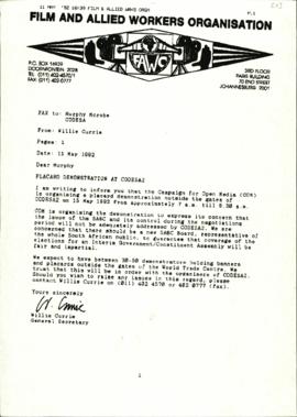 Copy of letter from Willie Currie of Film and Allied Workers Organisation to Murphy Morobe re: Pl...