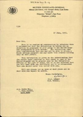 Letter from C.O. Adams of the British Consulate-General to A.L. Sachs Esq.