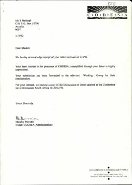 Letter from Ms S Hattingh to Murphy Morobe re: Written Representation to CODESA