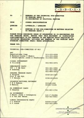 Fax to members of the Technical Sub-Committee of WG3 and co-ordinators of political parties