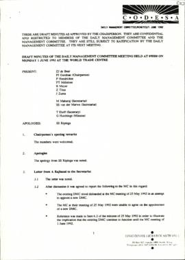 Draft Minutes of the Daily Management Committee meeting held at 09H00 on Monday