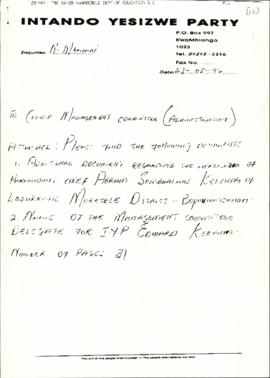 Handwritten fax covering letter and Document from Intando Yesizwe Party re: Chieftainship – Silas...