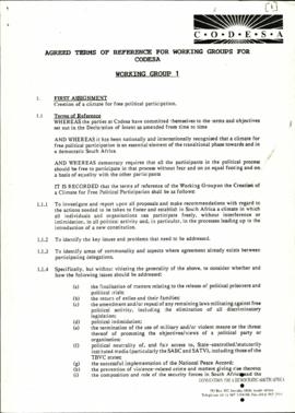 Agreed Terms of Reference for Working Groups for CODESA