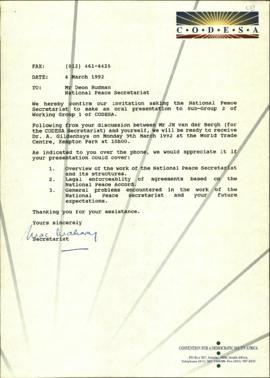 Fax dated to Mr Deon Rudman – National Peace Secretariat re: Confirmation of Invitation