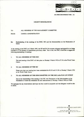 Memorandum from Administration to DMC: rescheduling of meetings of DMC, MC and sub-committee on D...