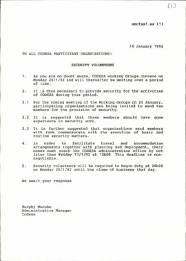 Fax to all CODESA participant Organisation – Security Volunteers and copy and transmission report