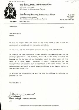 Copy of letter from The South African Agricultural Union to the Secretariat re: The needs of the ...