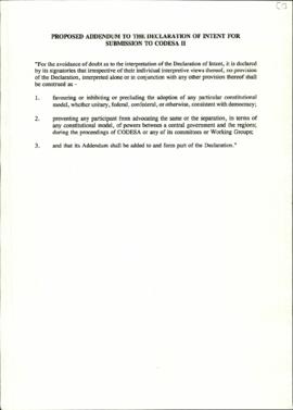 Proposed Addendum to the Declaration of Intent for Submission to CODESA II