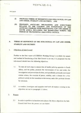 (I) Proposed Terms of Reference for Sub-Council on Law and Order, Stability and Security; and (II...