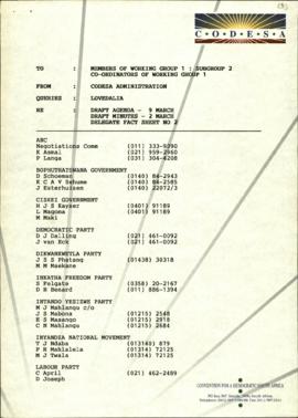 members of the WGSG2 from CODESA Administration re: Draft agenda of WGSG2 and minutes of delegate...