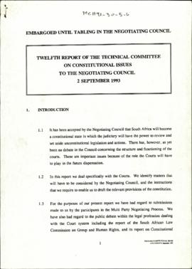 Twelfth Report of the Technical Committee on Constitutional Issues to the Negotiating Council 2 S...