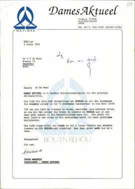 Letter signed by Ester Wessels from Dames Aktueel dated 5 June 1992, stapled together with letter...