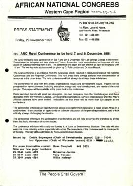 re: ANC Rural Conference to be held 7 and 8 December 1991 [and related document]