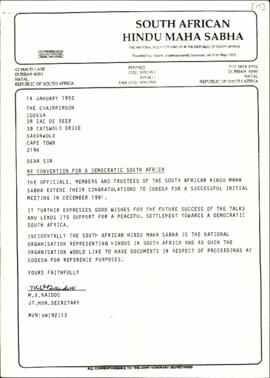 Reply letter from Dr ZJ de Beer to Mr MV Naidoo of South African Hindu Maha Sabha (dated 14 Janua...