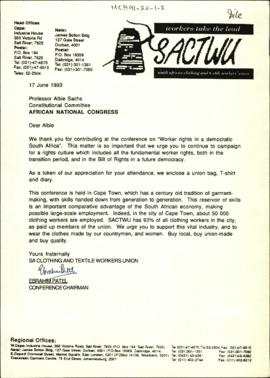 Letter from SACTWU Conference Chairman Ebrahim Patel to Professor Albie Sacjs Constitutional Comm...