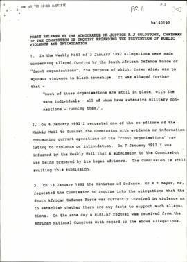 PR 11 (English and Afrikaans) re: Allegations made in the Weekly Mail of 3 January 1992 concernin...