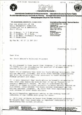 Copy of fax letter from Robert Chambers of IGFM to the Daily Management Committee re: South Afric...