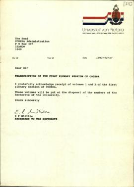 Letter from E.P. Whitle of The University of Pretoria to head of CODESA Administration re: Transc...