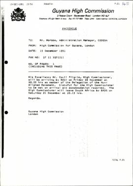 Non-Aligned Movement re: Details of arrival times of Mr Pilgrim, NAM delegate