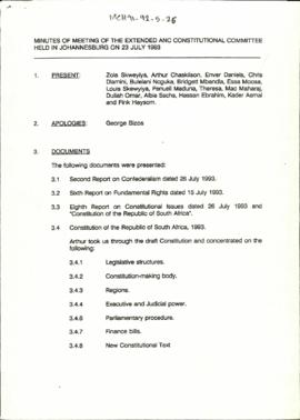 Minutes of Meeting of the Extended ANC Constitutional Committee Held in Johannesburg on 23 July 1993