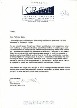 Letter from Artistic Director Ewan Marshall of Grae Theatre Company to Professor Sachs