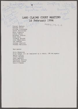 Land Claims Court Meeting 18 February 1994 [and related documents]