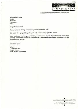 Correspondence between CMB Naude of the University of South Africa and Murphy Morobe re: Represen...