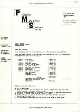 Letter from Protection Management Centre undated from Karl Koen