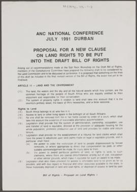 ANC National Conference July 1991 Durban: Proposal for a New Clause on Land Rights to be put into...