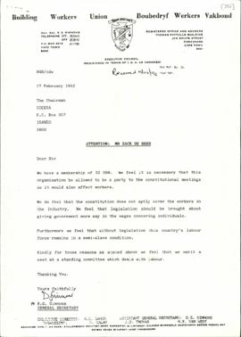 Correspondence between Building Workers Union and Murphy Morobe re: Participation in CODESA