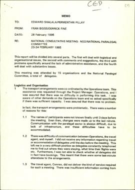 Memo 28 February 1995. Re: National Consultative Meeting: NGO- National Paralegal Committee 23-23...