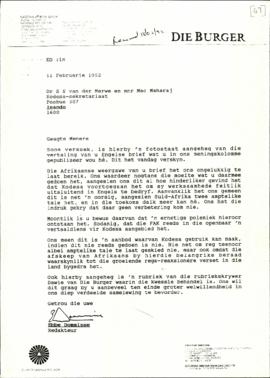 Correspondence between Ebee Dommisse of Die Burger and SS van der Merwe and Mac Maharaj re: Quest...