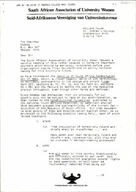 Copy of letter from the South African Association of University Women to The Chairman of CODESA r...