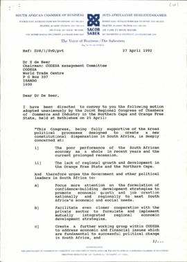 Letter from Eric Van Dyk of South African Chamber of Business to Dr Z de Beer re: Economy in the ...