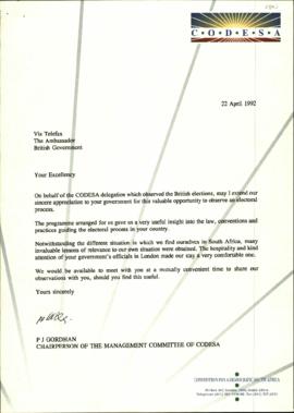 Letter from Mac Maharaj to Mr Geoffrey Adams, British Embassy, regarding CODESA observers to Brit...