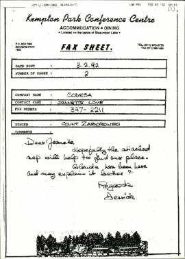 Fax sheet from Kempton Park Conference Centre with a map