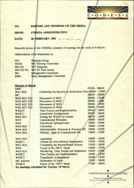 Fax to Editors and Members of the Media re: Schedule of meetings for the week of 9 March