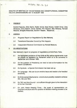 Minutes of Meeting of the Extended ANC Constitutional Committee Held in Johannesburg on 13 August...