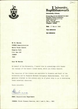 Letter from University of Bophuthatswana dated 17 March 1992 re: Acknowledgement of receipt of Fi...