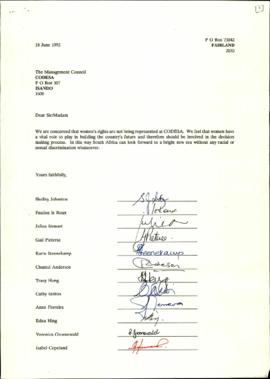 Letter signed by the following people: Shelley Johnston, Pauline Le Roux, Gail Pieterse, Juliea S...