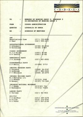 Members of WGSC4 from CODESA Administration re: Schedule of meetings