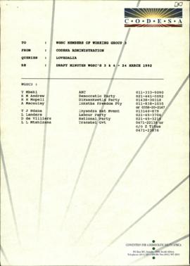 Fax to WGSC Members of Working Group 3, re; Draft Minutes WGSC’s 3 & 4