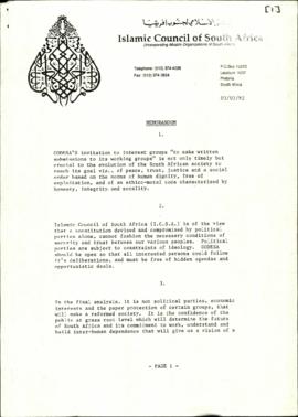 Islamic Council of South Africa Memoranda and Submission.