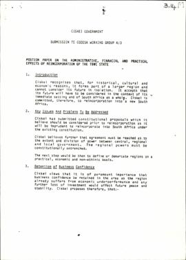 Ciskei Government: Administrative, financial and practical effects of reincorporation of the TBVC...